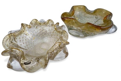 Two Murano Controlled Bubble Metallic Fleck Art Glass Bowls