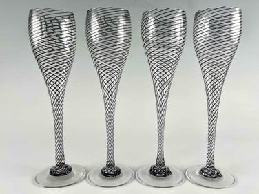 Set of Four Steven Maslach Lattice Striped Art Glass Stemmed Glasses or Flutes