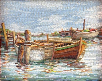 L. Bartu (Barti) Italian Micromosaic, Harbor Scene With Fishing Boats, 20th C.