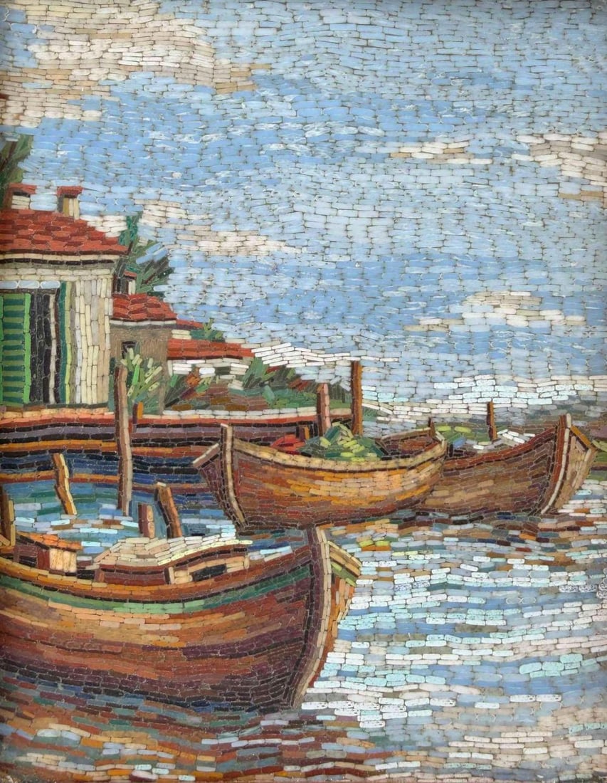 L. Bartu Italian Micromosaic, Harbor Scene With Boats, 20th C.: L. Bartu (Barti) Italian Micromosaic, Harbor Scene With Boats, 20th C. As framed approximately 13.5H x 12.0W x 1.875D in. Sight approximately 7.375H x 5.75W in.FOR SHIPPING: You may reach out to: QPS