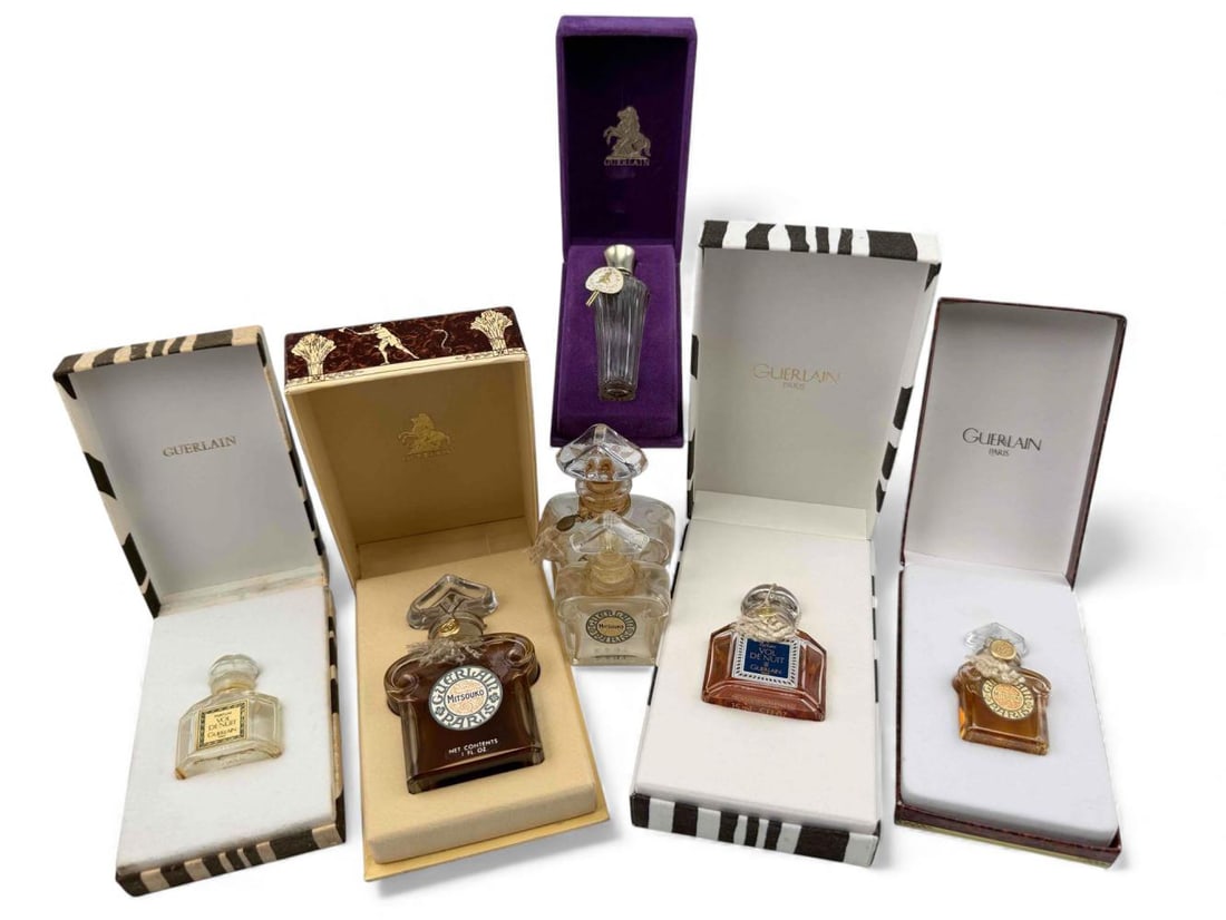 Grouping Of Vintage Guerlain Perfume Bottles & Boxes: Grouping Of Vintage Guerlain Perfume Bottles & Boxes. Includes Guerlain Mitsouko 1oz unopened perfume with box; Guerlain Vol De Nuit 15ml unopened perfume with box; Guerlain Mitsouko 1oz unopened perf