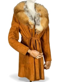 Ca. 1970's Belted Suede Jacket With Red Fox Fur Collar