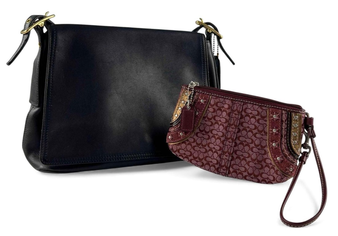 Coach Black Leather Shoulder Bag & Canvas Wristlet: Coach Black Leather Shoulder Bag & Canvas Wristlet. Purse approximately 12.0W x 8.0H x 4.75D in. Wristlet approximately 7.0L x 4.75H x 1.5D in.FOR SHIPPING: You may reach out to: QPS info@qualitypacks