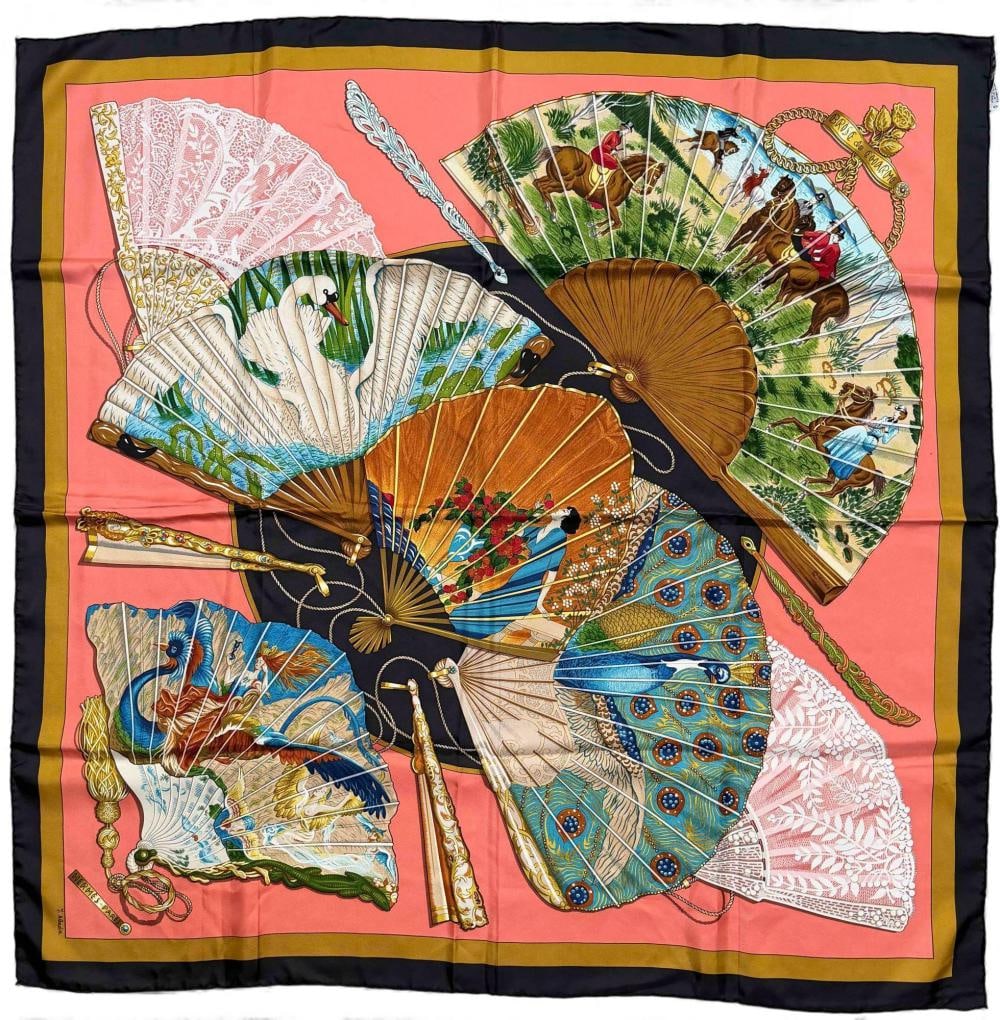 Hermes Brise De Charme Silk Scarf.: Hermes Brise De Charme Silk Scarf, Fan Design Julia Abadie. Tag marked "Made In France. 100% Silk." Approximately 90.0 x 90.0 cm. ALL CREDIT CARDS WILL BE MANUALLY VERIFIED PRIOR TO SHIPMENT.FOR SHIPP