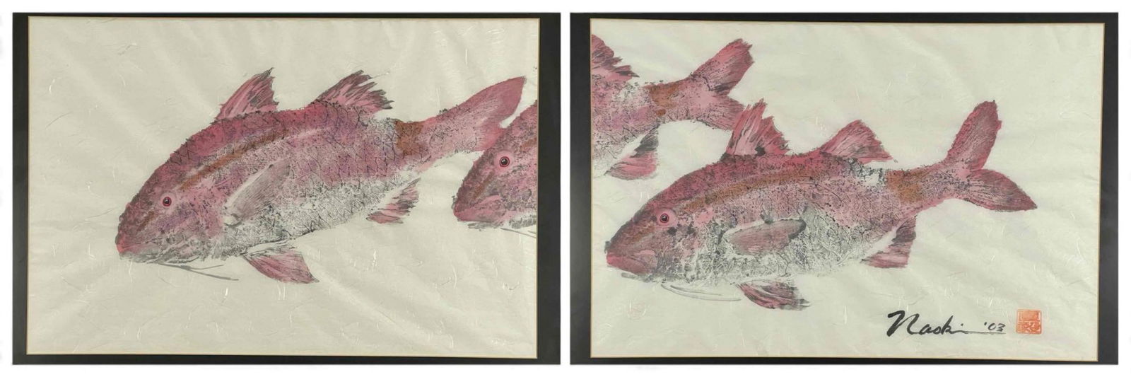 Naoki Hayashi (Hawaiian, 20th/21st C.), Kumu (Whitesaddled Goatfish), Gyotaku Diptych On Shoji Paper: Naoki Hayashi (Hawaiian, 20th/21st C.), Kumu (Whitesaddled Goatfish), Pair of Gyotaku Prints On Shoji Paper. Signed in ink, with artist's stamp. Titled on verso. As framed, approximately 23.25W x 17.1