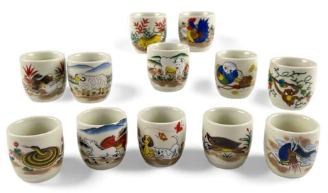 Set Of Twelve Chinese Zodiac Japanese Sake Cups
