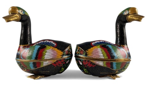 Pair Of Chinese Cloisonne Goose Form Boxes