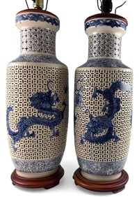 Pair Of Chinese Pierced Blue & White Porcelain Dragon Lamps