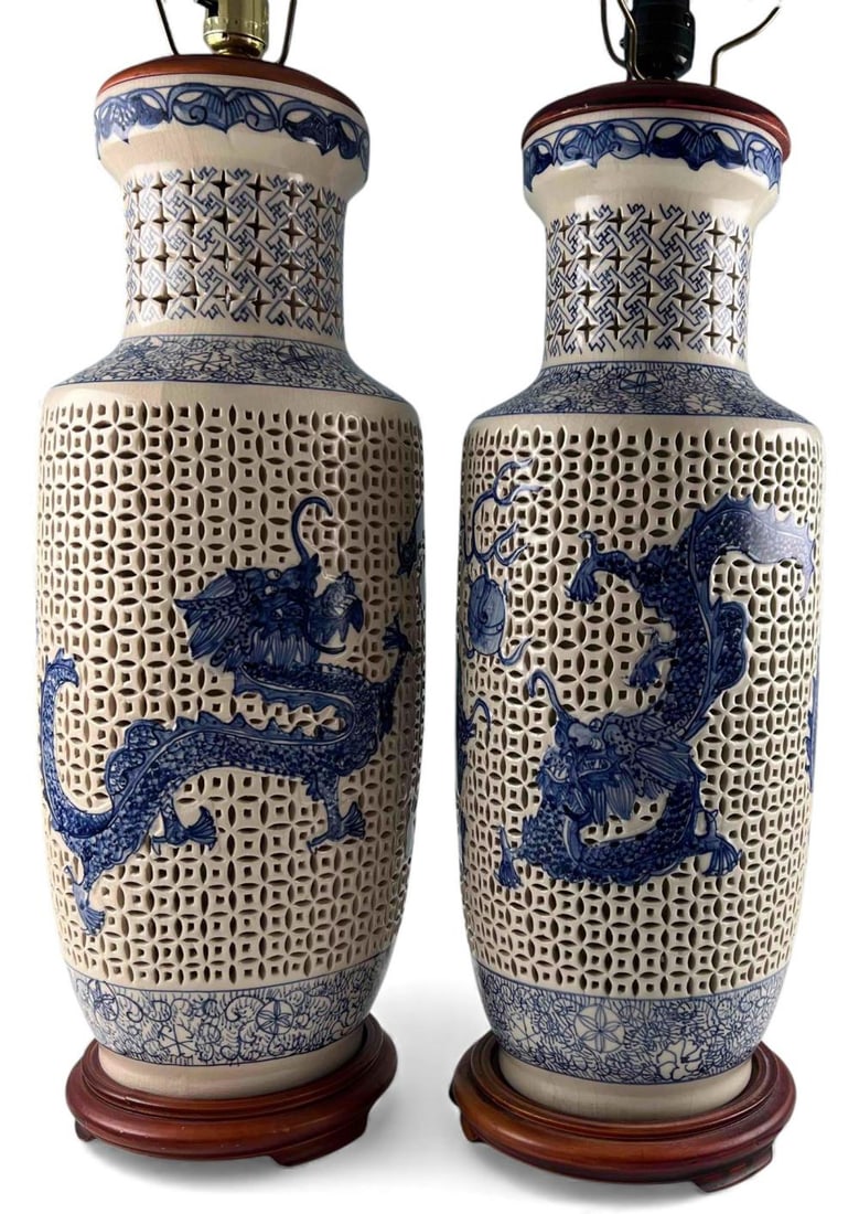Pair Of Chinese Pierced Blue & White Porcelain Dragon Lamps (1 of 17)