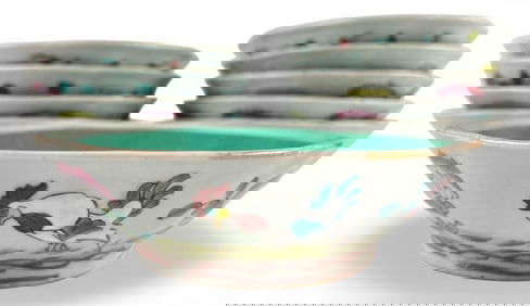 Set of Ten Chinese Hand Enameled Porcelain Bowls With Rooster & Floral Motifs