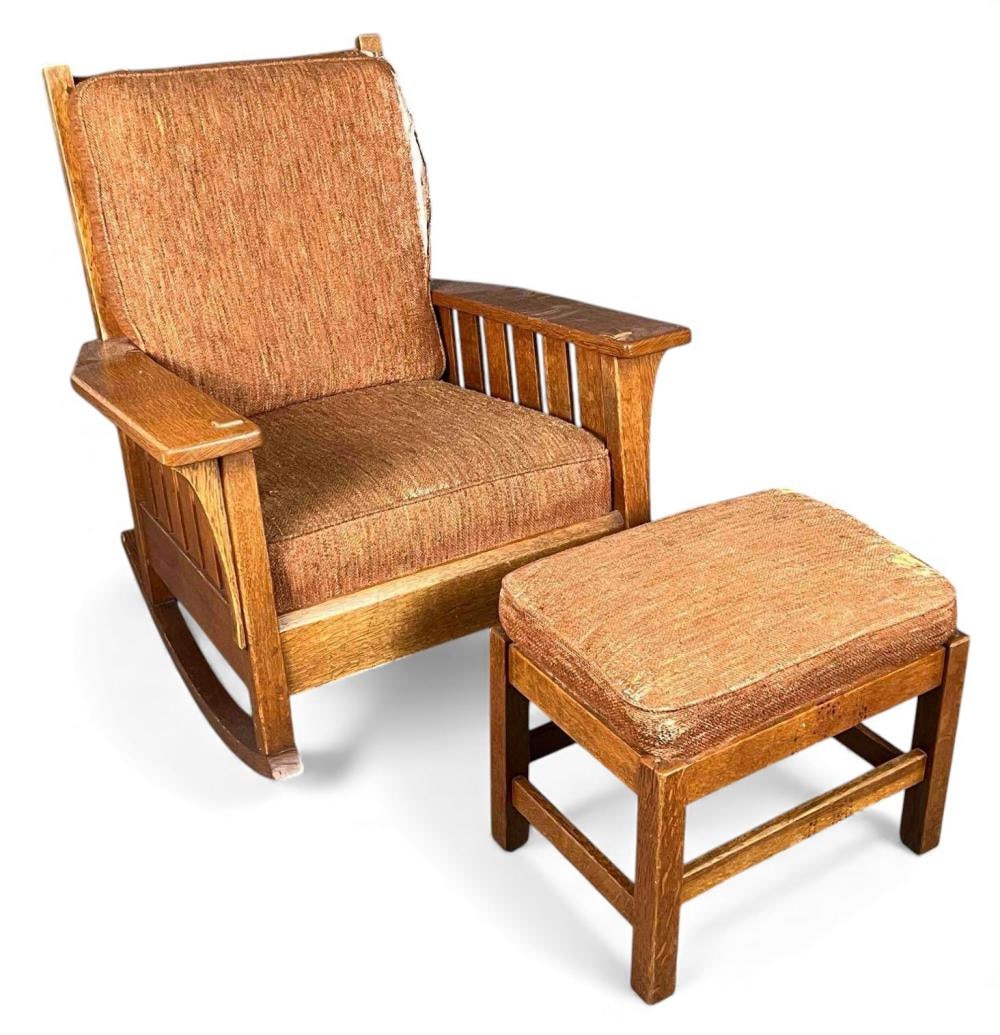 L. & J.G. Stickley Oversized Mission Oak Rocking Chair & Ottoman (1 of 15)