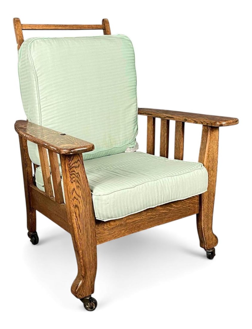 Antique Push Button Tiger Oak Morris Chair: Antique "Royal" Push Button Tiger Oak Morris Chair. Tag marked "Royal Chair Co. Sturgis, Mich. U.S.A. Royal Easy Chairs The Push Button Kind." Approximately 41.0H x 31.75W x 28.0D in. (upright).Please
