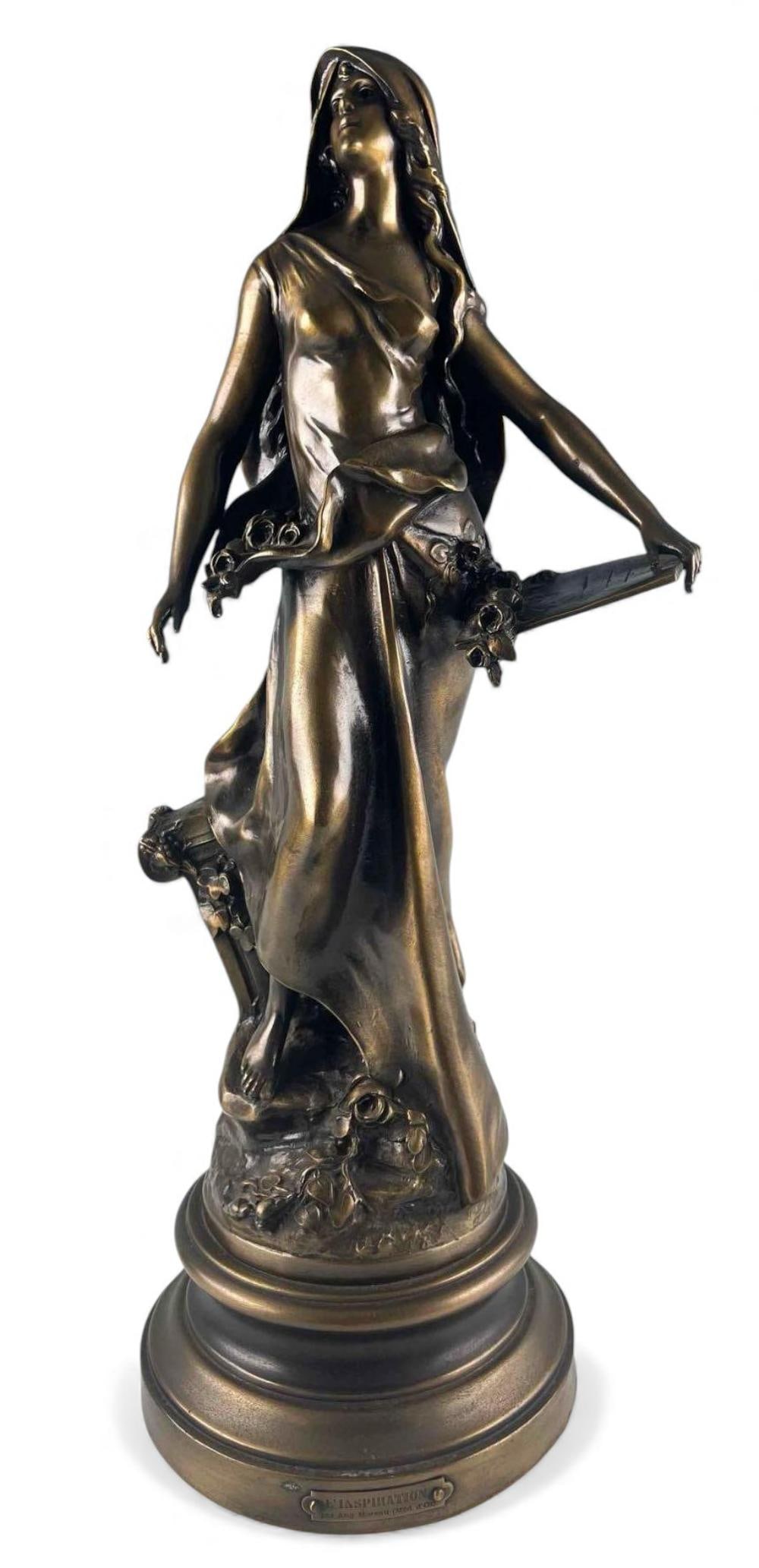 After Auguste Moreau, L'Inspiration, Bronze Sculpture: After Auguste Moreau, L'Inspiration, Bronze Sculpture. Approximately 24.0H x 8.0W x 8.0D in. (Measurements include base).FOR SHIPPING: You may reach out to: QPS info@qualitypackship.com www.qualitypac
