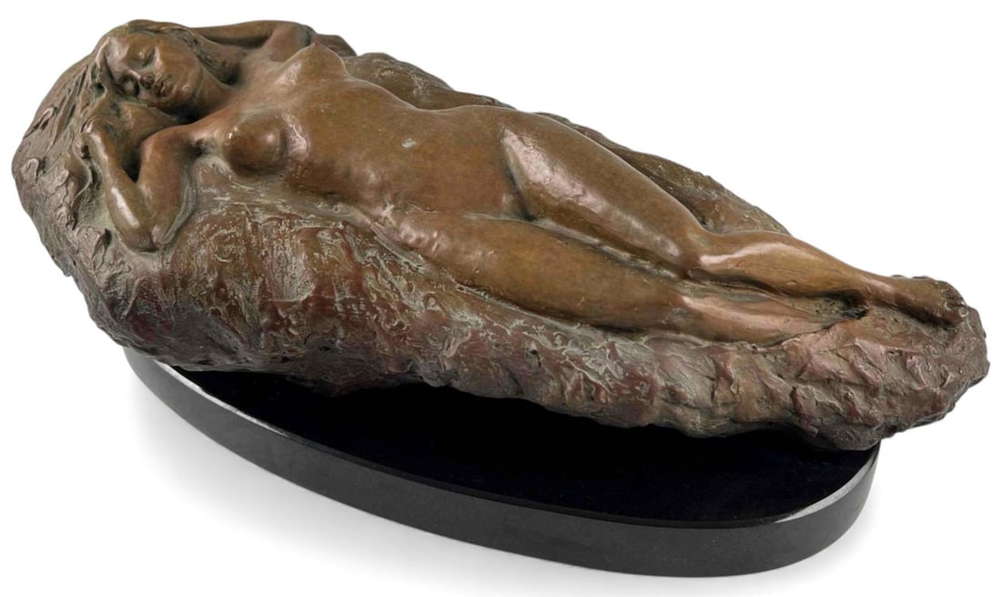 Marianne de Hatten Groh (French/California, 1935-2025), Reclining Nude, Bronze: Marianne de Hatten Groh (French/California, 1935-2025), Reclining Nude, Bronze Sculpture. Signed "Groh." Edition 1/30. Approximately 20.0L x 9.75W x 6.25H in. Measurements include stone base. Born in