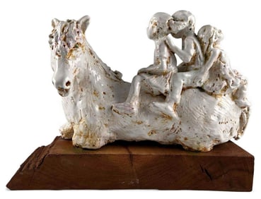 Marianne de Hatten Groh (French/California, 1935-2025), Children On Horseback, Terra Cotta Sculpture