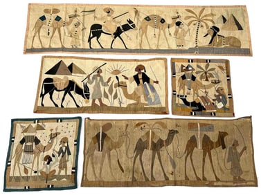 Grouping Of Hand Stitched & Embroidered Egyptian Revival Applique Textiles, Ca. 1920's
