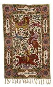 Crewel Embroidered Tapestry Rug With Hunting Scene