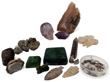 Grouping Of Crystals, Arrowheads, And Mineral Specimens, Including Carved Amethyst Skull