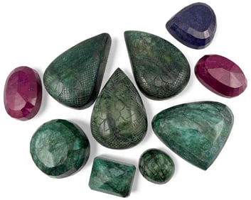 Large Carved & Faceted Gemstones Including Sapphire, Emeralds