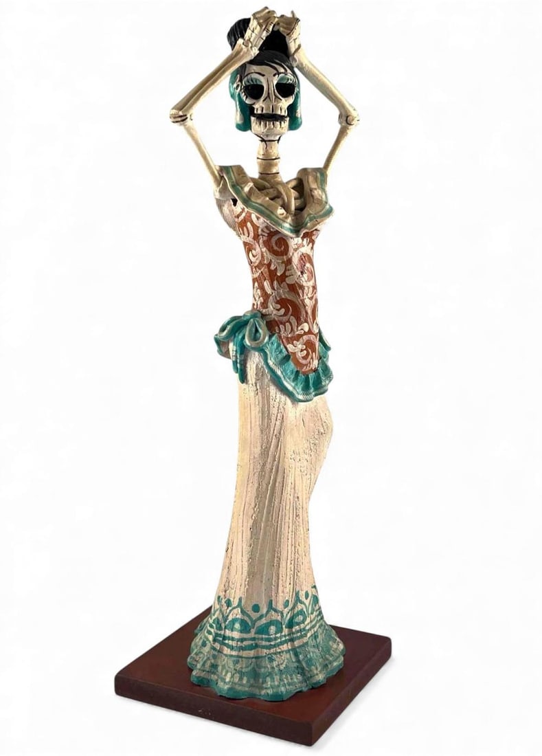 La Candelaria Juan Torres Mexican Pottery Day Of The Dead Skeleton Figure: La Candelaria Juan Torres Mexican Pottery Day Of The Dead Calaca Figure. Signed "Taller De Juan Torres Capula. Mich. Mex. Sabino Arroyo A." Approximately 17.0H x 5.25W x 5.5D in,FOR SHIPPING: You may