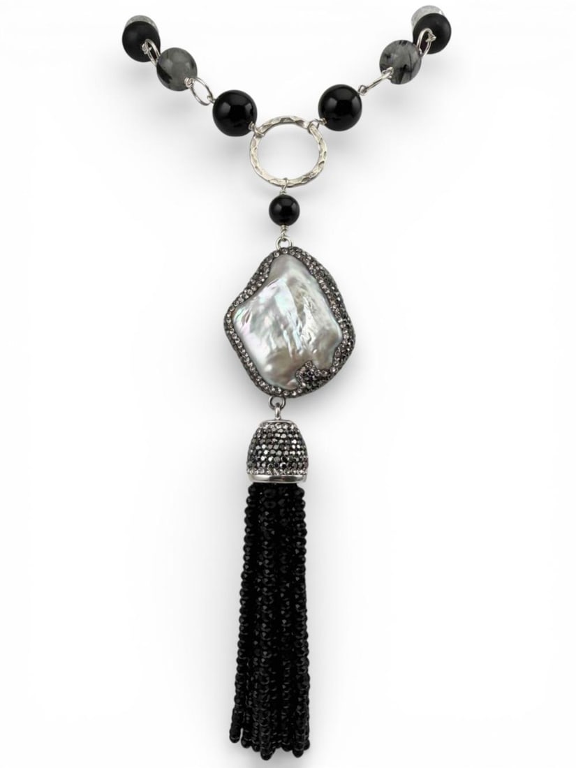 Sterling Silver, Baroque Pearl, Quartz & Onyx Beaded Sautoir Necklace: Sterling Silver, Baroque Pearl, Quartz & Onyx Beaded Sautoir Necklace, 129.6g. Marked 925. Inner circumference approximately 31.0in. Pearl approximately 34.5 x 28.0mm.
