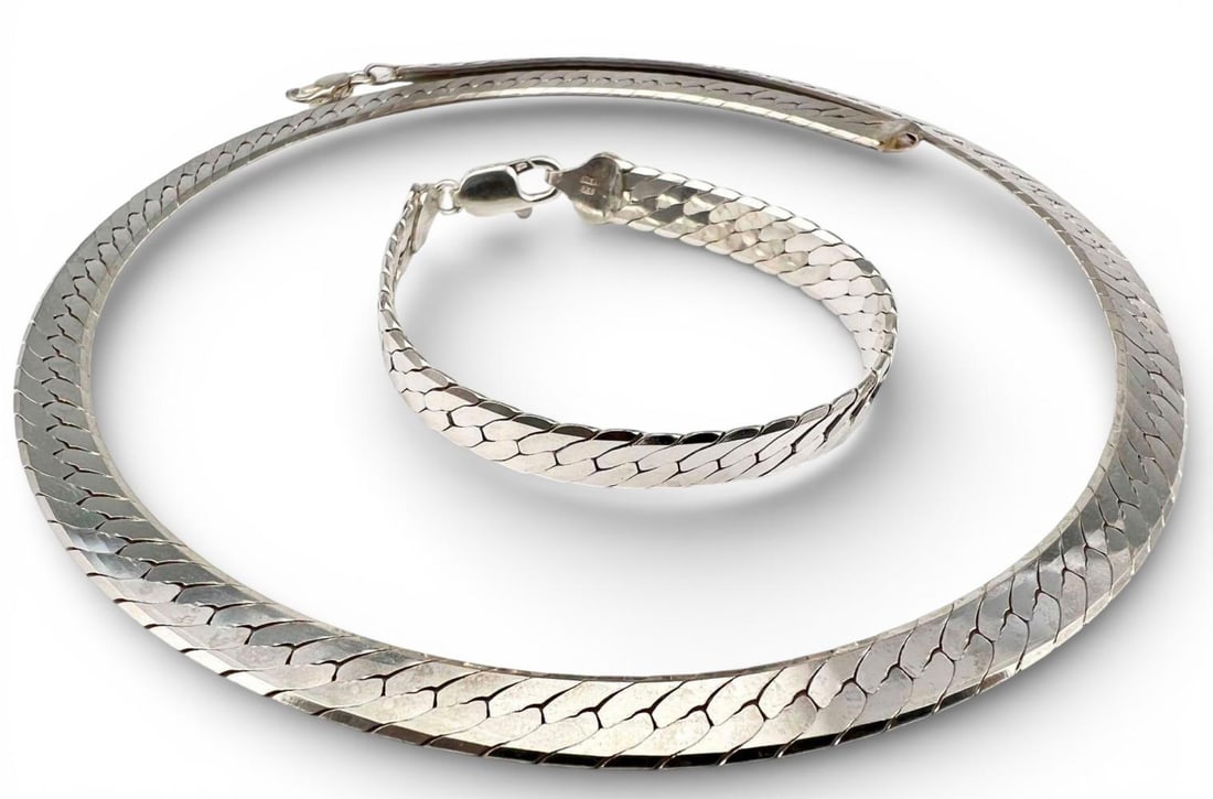 Sterling Silver Herringbone Necklace & Bracelet Set (1 of 7)