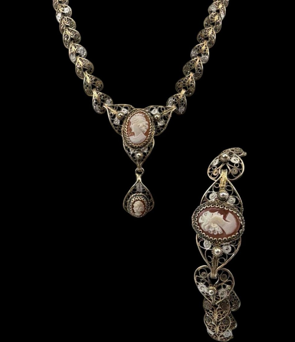 Silver Filigree Cameo Necklace & Bracelet Set (1 of 18)