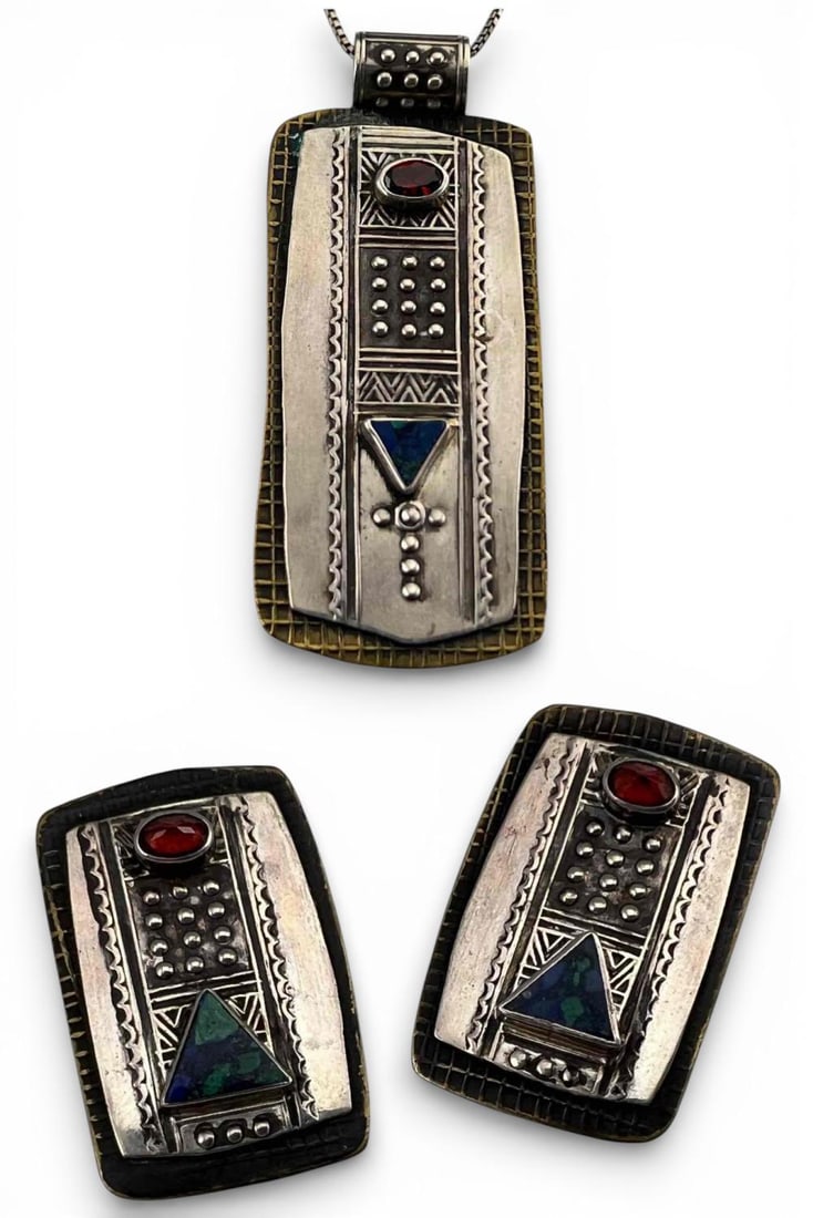 Tabra Garnet And Azurite Sterling Silver Necklace & Earrings Set: Tabra Garnet And Azurite Sterling Silver Necklace & Earrings Set, 29.1g total weight. Earrings signed "Tabra," pendant and earrings test as sterling silver and brass. Chain marked "925 Italy." Pendant