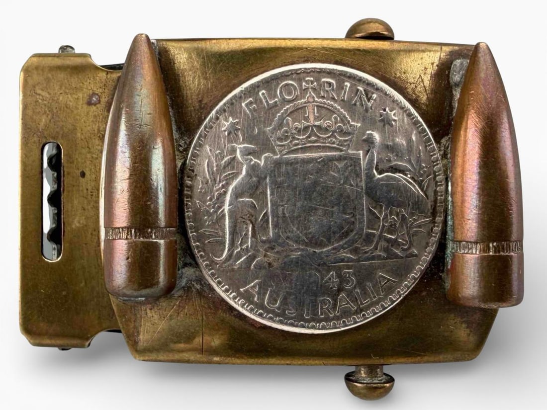 Trench Art Belt Buckle With Australian 1943 Silver Florin Coin (1 of 11)