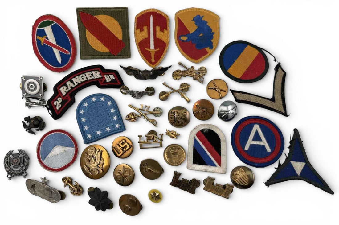 Collection Of U.S. Military Medals & Patches: Collection Of U.S. Military Medals & Patches. Includes sterling silver WWII era Army Expert marksman badge, U.S. Air Force Master Acquisition badge, Navy Enlisted Aviation Warfare Specialist badge, Ma