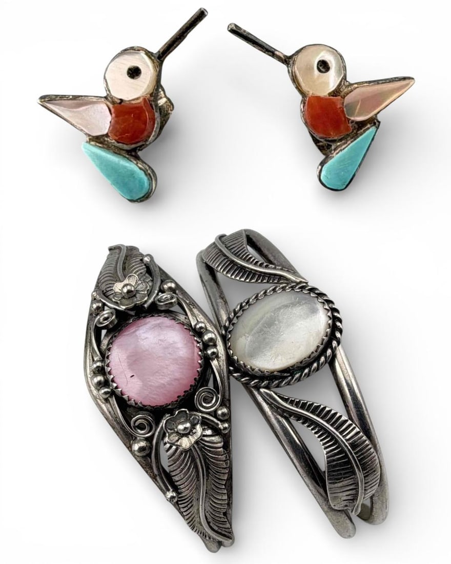 Native American Sterling Silver Cuff Bracelets & Earrings: Native American & Fred Harvey Era Sterling Silver Cuff Bracelets & Earrings, 32.2g. Marked or test as sterling. Native American mother of pearl cuff inner cuff approximately 5.25in, cuff break 1.25in,