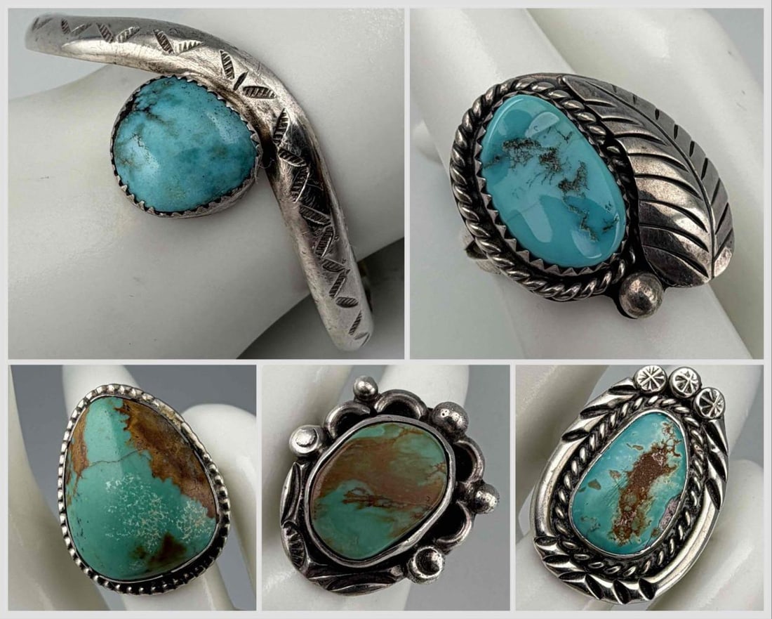 Native American Sterling Silver Turquoise Rings & Bracelet: Native American Sterling Silver Turquoise Rings & Bracelet, 44.7g total weight. Marked or test as sterling. Several pieces signed. Bracelet inner cuff approximately 5.125in. Cuff break 1.0in. Width at