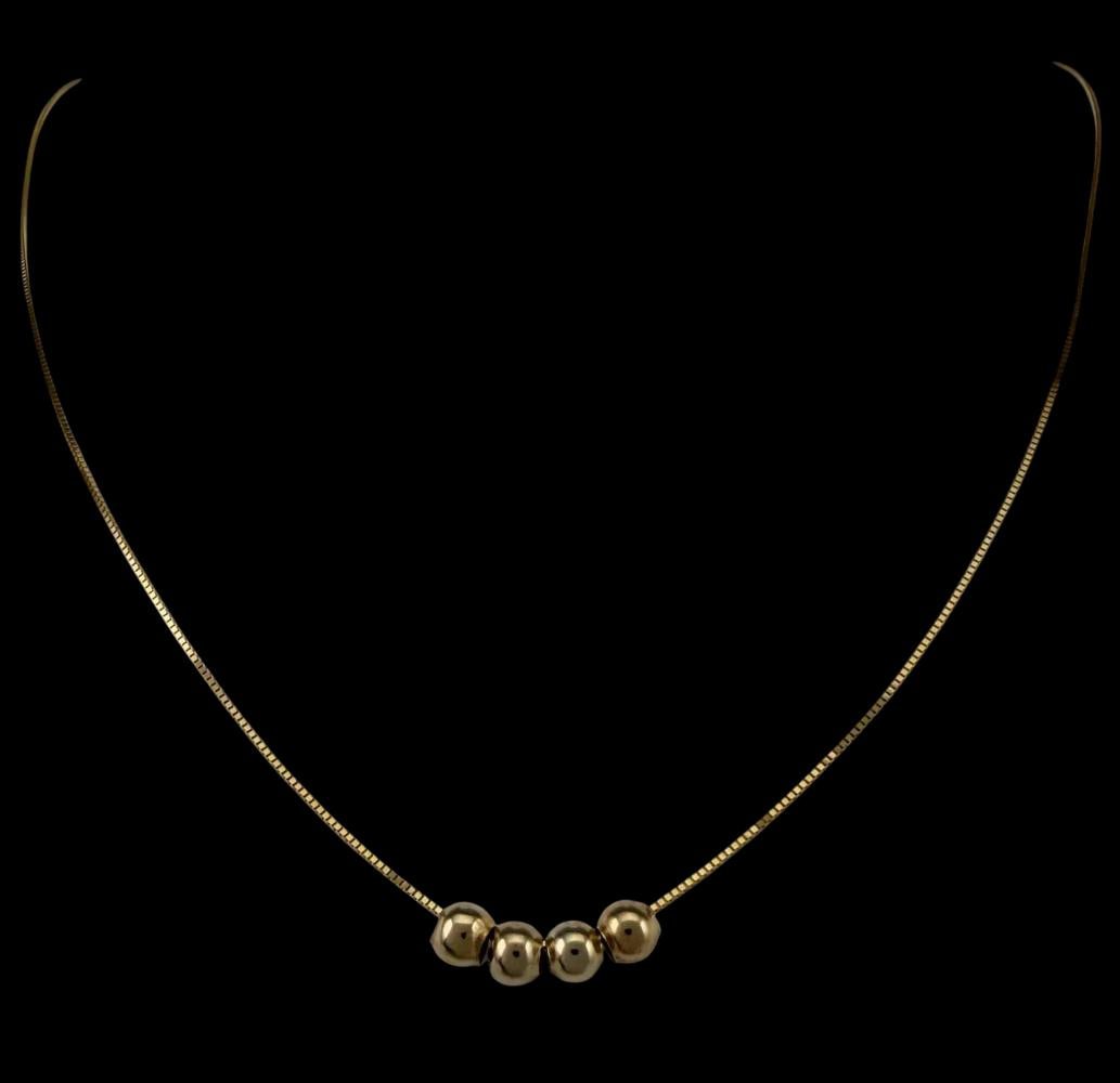14K Yellow Gold Bead Necklace: 14K Yellow Gold Bead Necklace, 1.7g. Marked 14K. Chain length approximately 24.0in. Beads approximately 3.9mm. ALL CREDIT CARDS WILL BE MANUALLY VERIFIED PRIOR TO SHIPMENT.