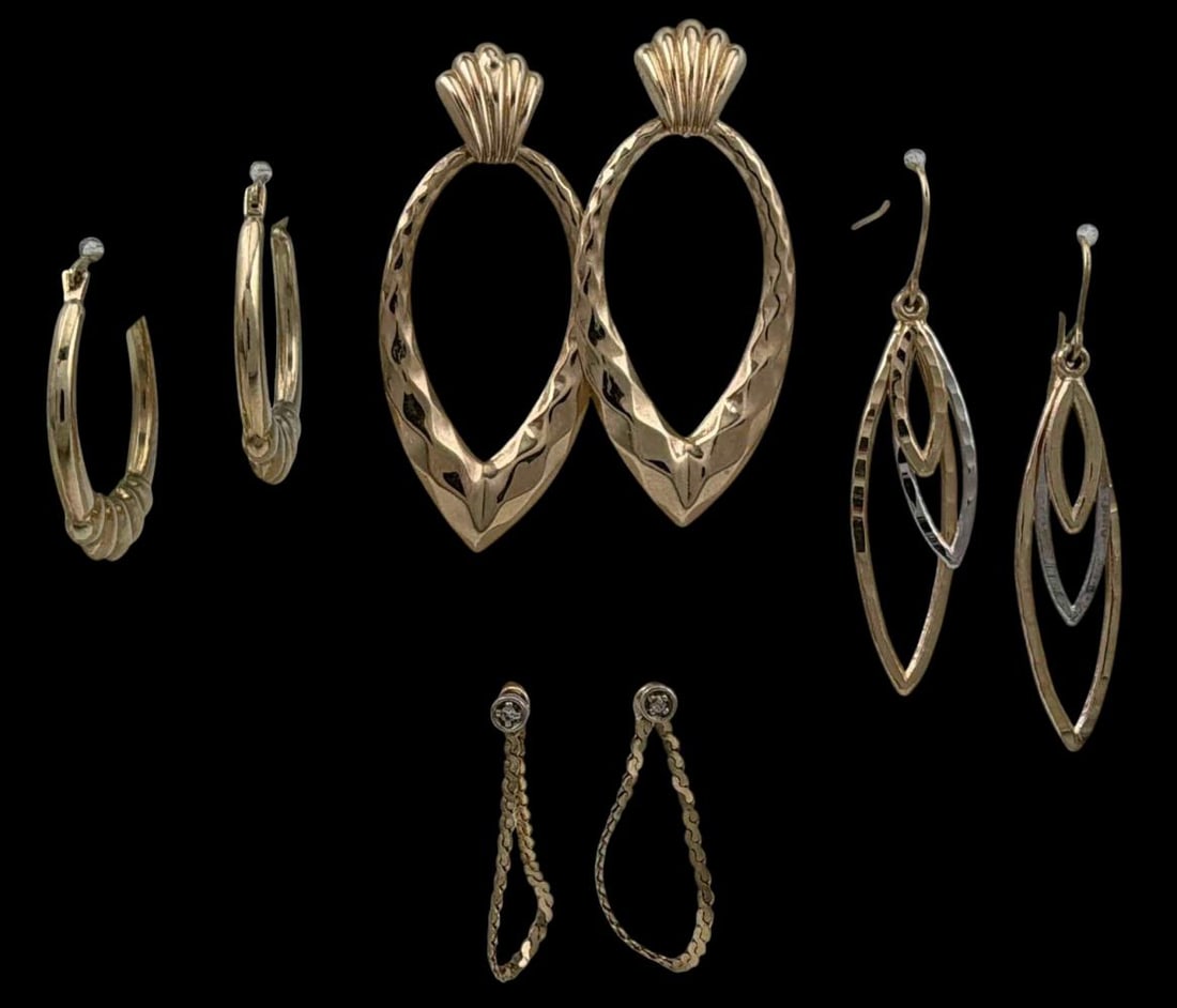 Four Pairs 14K Gold Earrings: Four Pairs 14K Gold Earrings, 3.0g total weight. Marked or test as 14K. Hoop Earrings Approximately 23.2L x 2.6W mm. Yellow & White Gold Dangle Earrings approximately 38.0L x 8.0W mm. Teardrop Earring