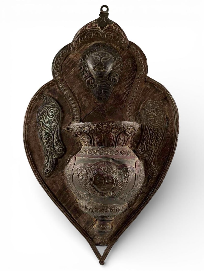 European School Hand Hammered Wall Pocket On Plaque: European School Hand Hammered Wall Pocket On Plaque. Approximately 18.25H x 11.0W x 3.25D in.