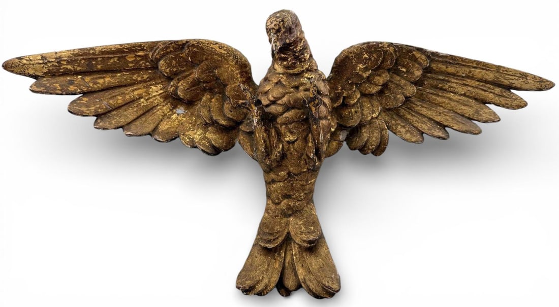 Antique Giltwood Dove Of The Holy Spirit: Antique Giltwood Dove Of The Holy Spirit.? Approximately 20.5W x 10.0H x 4.5D in. Please note that wings are fragile in connection to body.