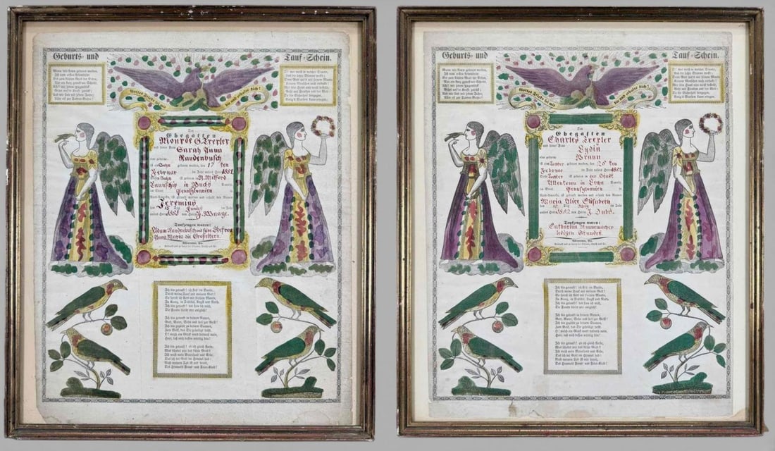 Pair Of Hand-Colored Pennysylvania Dutch Fraktur Birth & Baptismal Certificates, 1851 & 1852