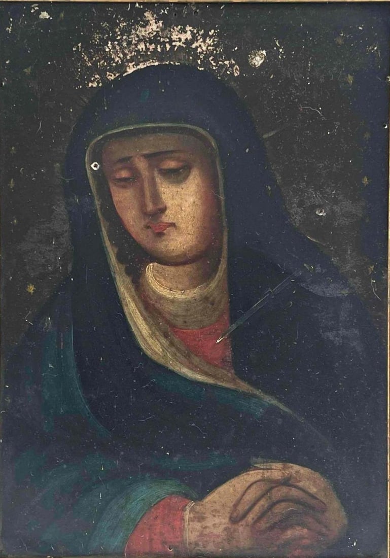 19th Century Mexican Retablo, The Virgin Mary, Oil On Tin
