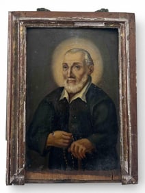 Spanish Colonial Polychrome Wood Prayer Box (Nicho) With Image Of A Saint, 19th Century