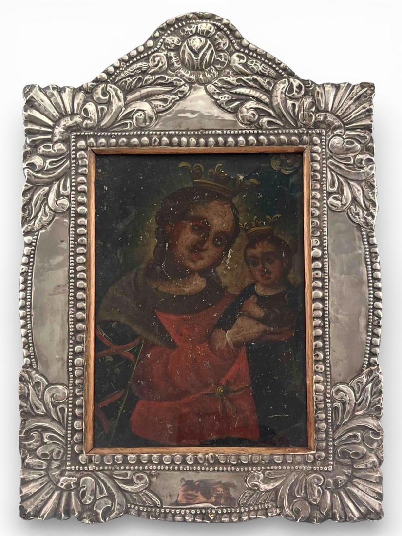 19th Century Mexican Tin Retablo, Maddonna & Child, In Silver Repousse (1 of 14)