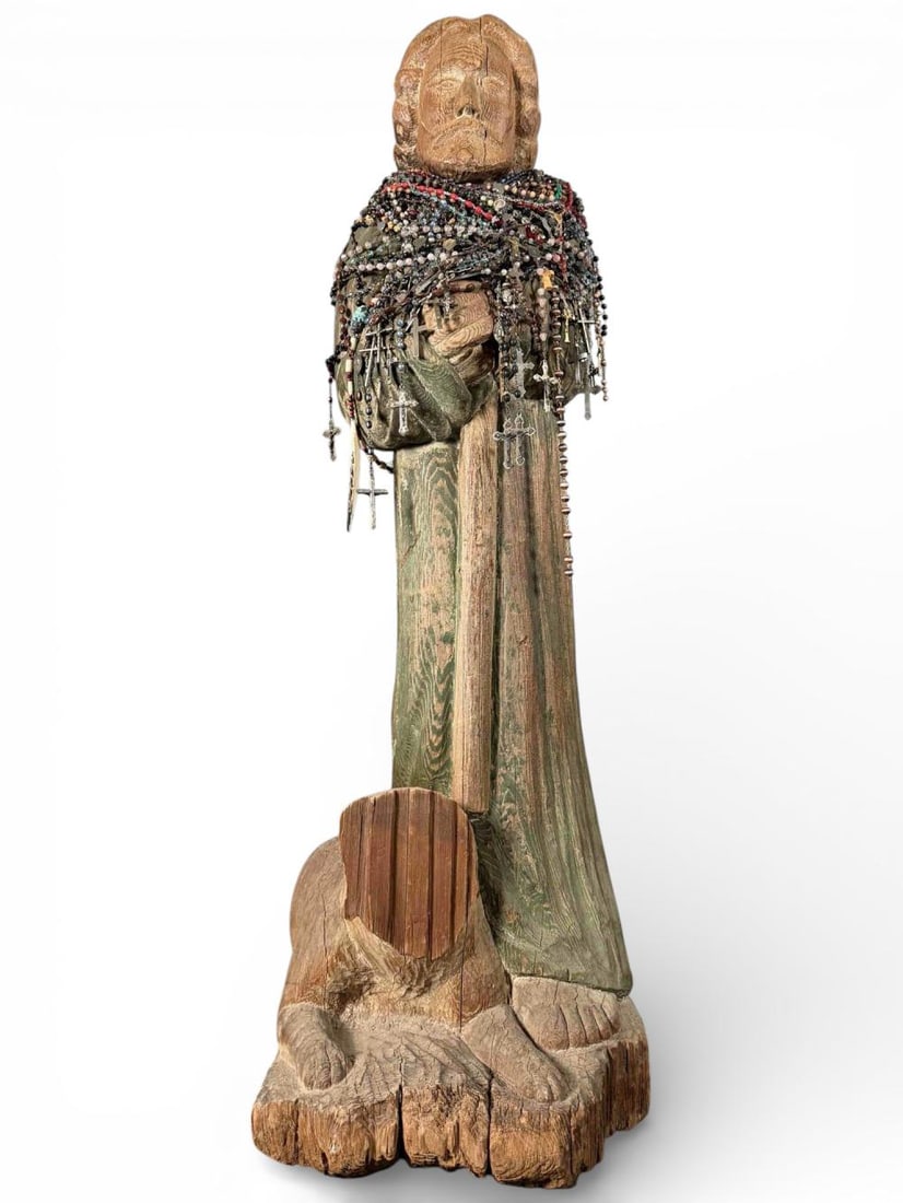 Large Folk Art Carving Of A Saint With Collection Of Rosaries: Large Folk Art Carving Of A Saint With Collection Of Rosaries. Approximately 3.7H x 1.125W x 0.96D ft. (Approximately 44.5H x 13.5W x 11.5D in.)