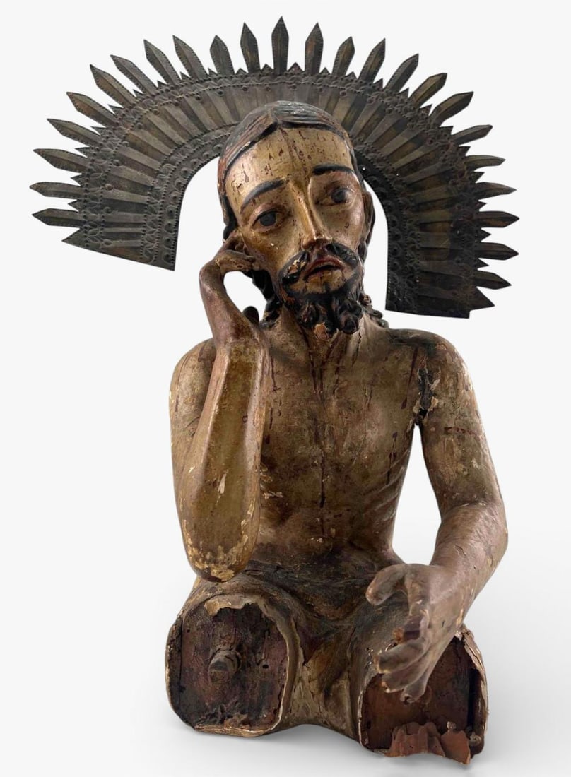 Carved Polychrome Wood Santos Figure Of Christ, Spanish Colonial School, 18th Century: Carved Polychrome Wood Santos Figure Of Christ, Spanish Colonial School, Probably 18th Century. Piece features 19th century punched tin halo (detachable). Approximately 20.0H x 12.0W x 11.0D in. Measu