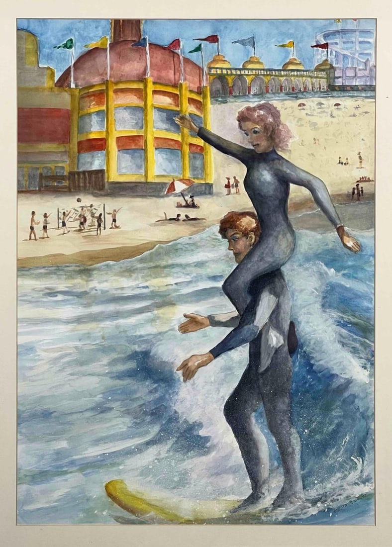 Melita Israel (California, Contemporary), Santa Cruz Beach Boardwalk Surf Scene, Watercolor On Paper: Melita Israel (California, Contemporary), Santa Cruz Beach Boardwalk Surf Scene, Watercolor On Paper. Signed lower right. As framed approximately 35.0H x 29.0W x 1.125D in. Sight approximately 29.5H x