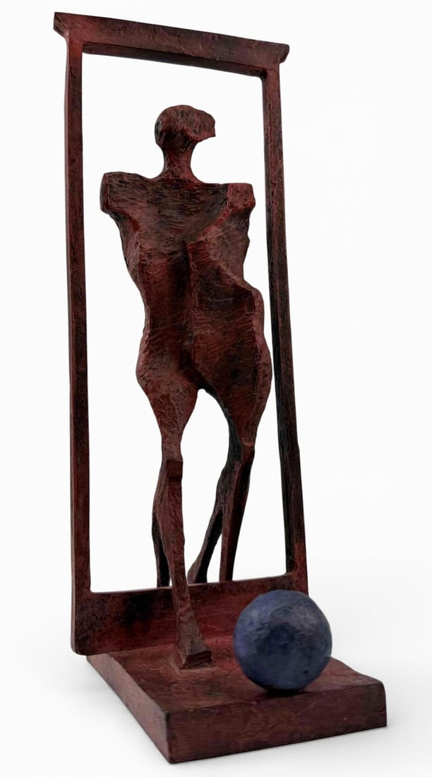 Robert William Hinds (American, 20th C.) Abstract Figural Bronze With Blue Sphere: Robert William Hinds (American, 20th C.) Abstract Figural Bronze in Architectural Frame. Signed "RWH." Edition: AP, numbered illegibly. Robert William Hinds is known for bronze sculpture emphasizing s