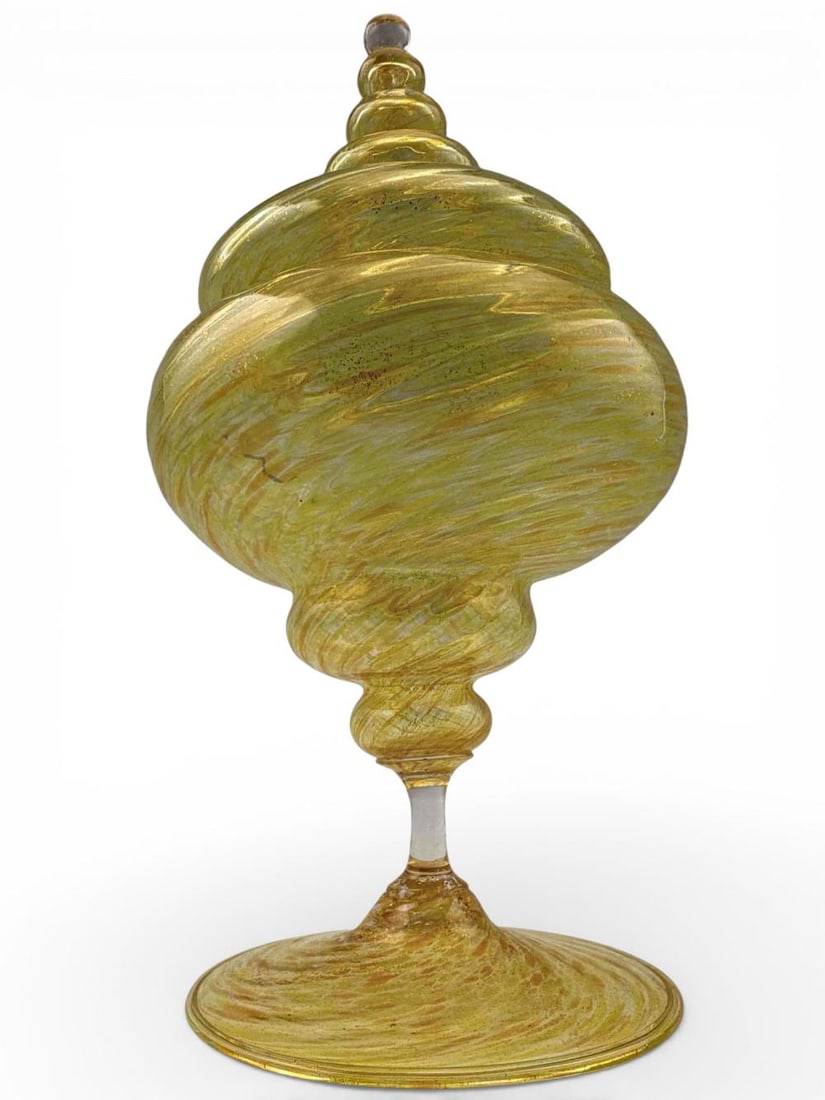 Hand Blown Art Glass Lidded Jar, Possibly Venetian: Hand Blown Art Glass Gold Flecked Lidded Jar, Possibly Venetian. Approximately 8.375H x 4.5W in.