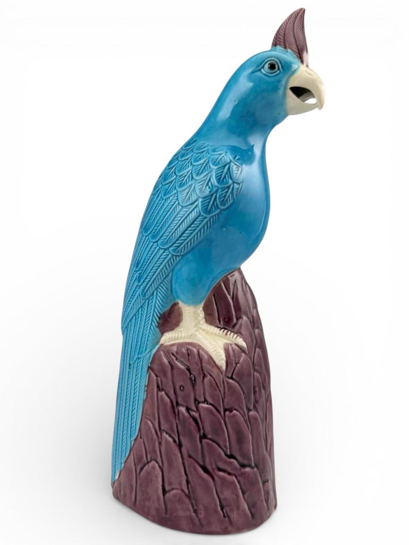 Chinese Turquoise & Aubergine Glazed Porcelain Parrot: Chinese Turquoise & Aubergine Glazed Porcelain Parrot. Approximately 11.5H x 3.0W x 4.0D in.
