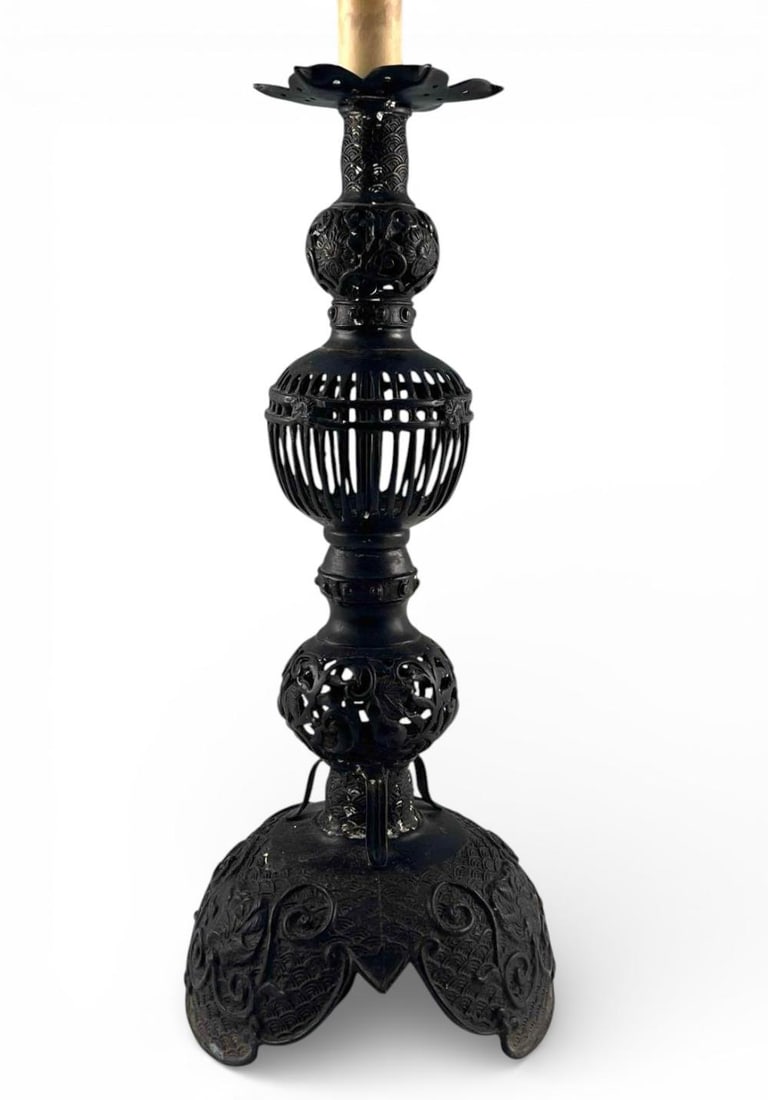 Japanese Bronze Candle Stand, Mounted As Lamp (1 of 13)