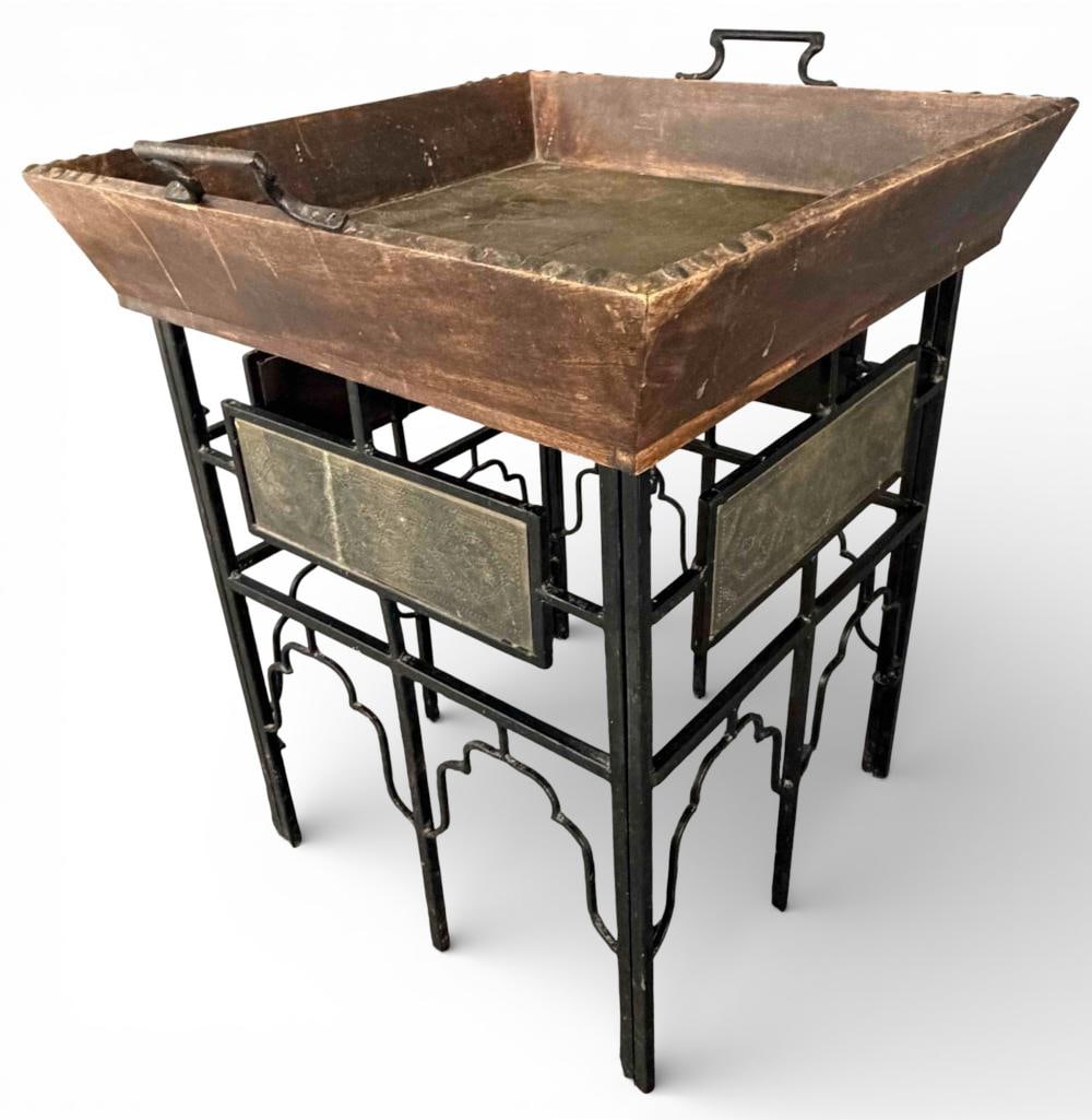 Asian Folding Tray Top Table: Asian Folding Tray Top Table. Approximately 29.75H x 25.0L x 23.0W in. Please note that handles on tray are loose in connection to the piece.