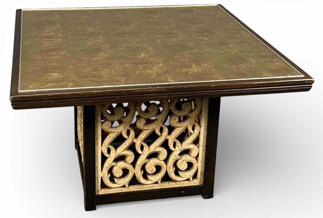 Widdicomb Verre Églomisé Hollywood Regency Side Table, Ca. 1960: Widdicomb Verre Églomisé Hollywood Regency Side Or Low Table, Ca. 1960. Tag attached to underside marked "Widdicomb Grand Rapids." Approximately 29.62W x 18.5H in. All proceeds from this lot