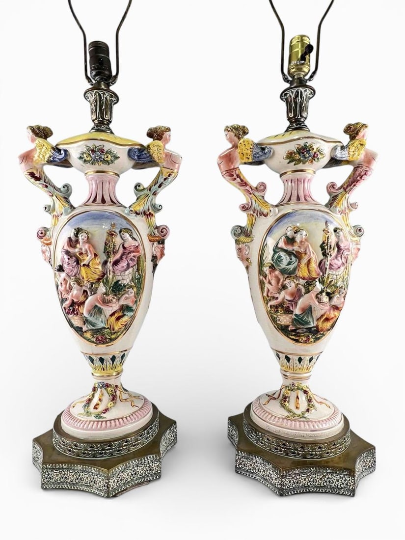 Pair Of Large Brass Mounted Capodimonte Table Lamps: Pair Of Large Brass Mounted Capodimonte Table Lamps. Each approximately 26.0H x 10.0W in (to top of socket). Approximately 40.0H x 10.0W in. (to top of finial).